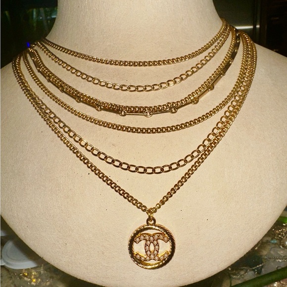 Authentic stamped Chanel pendant Upcycled on 7-strand gold tone vintage Necklace - Picture 1 of 4